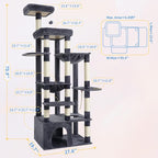 Heybly Cat Tree, 71-Inch Tall Cat Tower for Large Maine Coon Cats HCT037G | Cat Condo Furniture with Extra-Large Baseboard, Multi-Level Platforms, 2 Hammocks and 12 Scratching Posts, Smoky Gray
