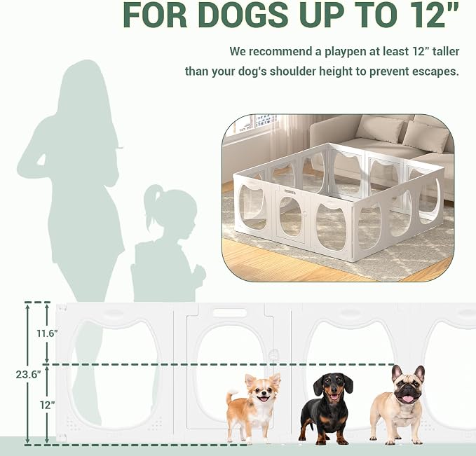 Clear Acrylic Dog Playpen with Door, 12 Panels Large Transparent Pet Fence Indoor with Dog Head Shape, 23.6" Expandable Puppy Playpen with Suction Cups, Easy Assemble for Medium/Small Dogs & Pets