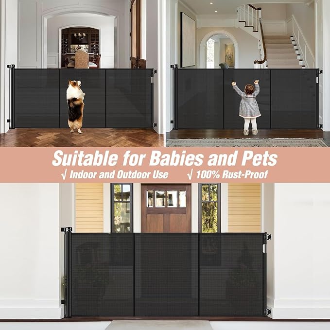 Reinforced 42" Tall x 75" Wide Retractable Baby Gate Prevent Crawling Under | Indoor/Outdoor Tall Retractable Dog Gate, Space-Saving, One-Hand Use, Scratch-Resistant Mesh, Safety Lock, Easy Install/Black