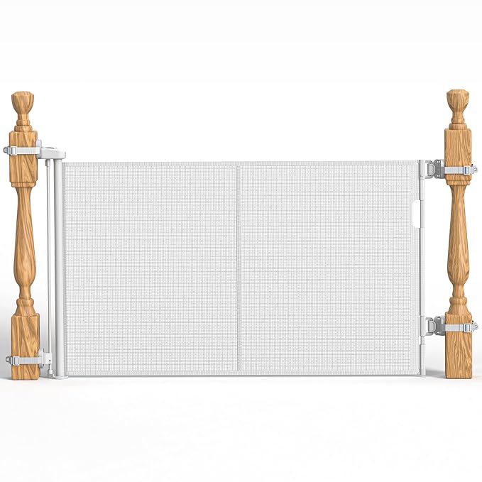 Upgraded Retractable Baby Gates for Stairs & Banister, Mesh Dog Gate Indoor, Extends to 55" Wide 33" Tall, Child Safety Gate for Stairway, Banister & Wall Mount (White)