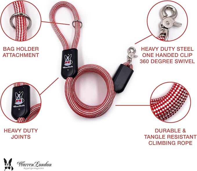 Warren London Climbing Rope Dog Leash – 5 ft Candy-Stripe Rope w/Padded Handle & 360° Clip | Bold Red & White Lead for Year-Round Adventures