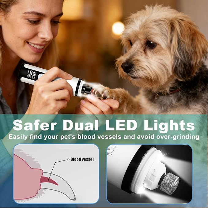 Silent Pets Nail Grinder with 2 Lights and 3 Speeds,Cordless Nail Trimmers | Rechargeable Dog Nail Trimmers,Painless Paws Grooming Pro for Small Medium Large Dogs & Cats (2 Replacement Heads)