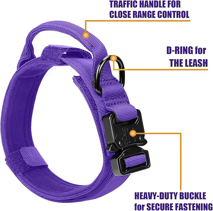 Tactical Military Collar - Adjustable Nylon, Heavy Duty Metal Buckle with Handle for Dog Training, with Patches (Purple, XL)