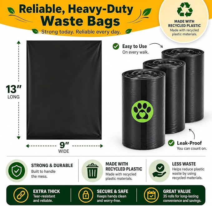 Dog Poop Black Bags with Dispenser (700 Bags) doggy poop bags Pickup Bag 35 Refill Rolls Dog Waste Bags Cat Litter & Poop Bags (35 Rolls, Uscented)
