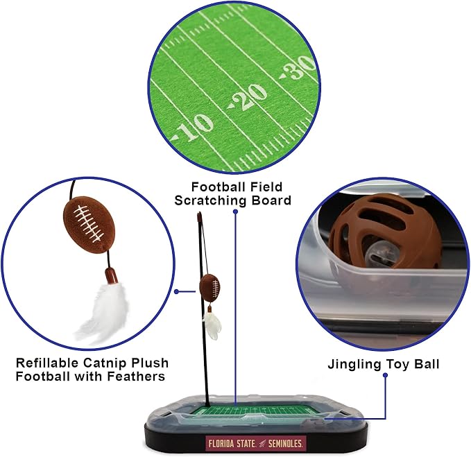 Pets First 5-in-1 Cat Toy: Interactive Cat Scratcher with Catnip Filled Plush Football & Feathers