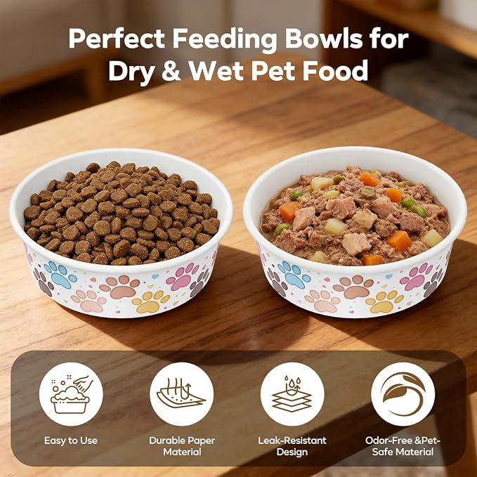 50 Pack Disposable Dog Bowls, 16 oz Paper Pet Bowls for Cats & Dogs | Disposable Paw Print Cat Food Bowls, Dry Wet Food & Wate, Small Medium Pets, Travel and Daily Feeding Bowls, Thick & Sturdy