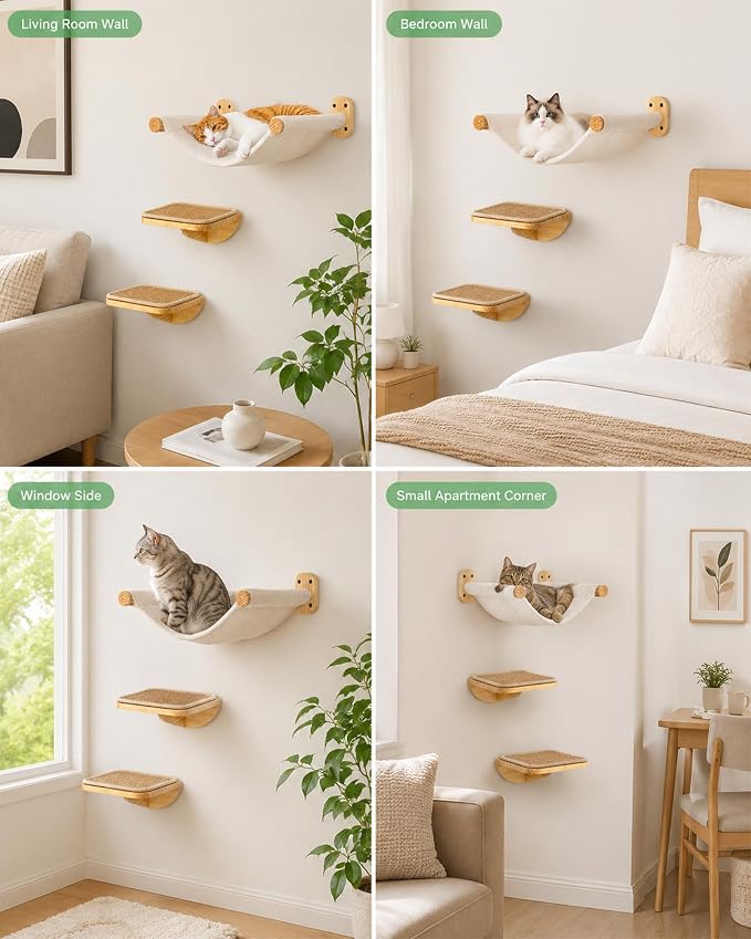 Cat Wall Shelves Set with Hammock and 2 Solid Wood Sisal Steps | 3-piece cat wall set includes 1 reversible canvas-plush hammock and 2 solid wood steps with removable sisal mats