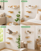 Cat Wall Shelves Set with Hammock and 2 Solid Wood Sisal Steps | 3-piece cat wall set includes 1 reversible canvas-plush hammock and 2 solid wood steps with removable sisal mats