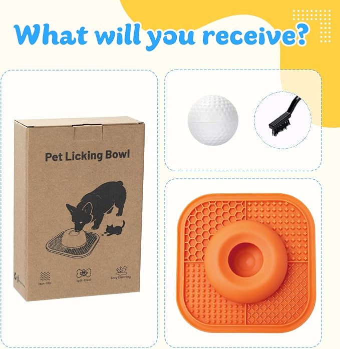 Slow Feeder Dog Bowls & Lick Mat for Liquid and Thick Treat, Anti-Slip Dog Lick Bowl with Interactive Rolling Ball, 5/6 Cup Pup Licking Toy for Large Medium Small Dogs and Cats Orange