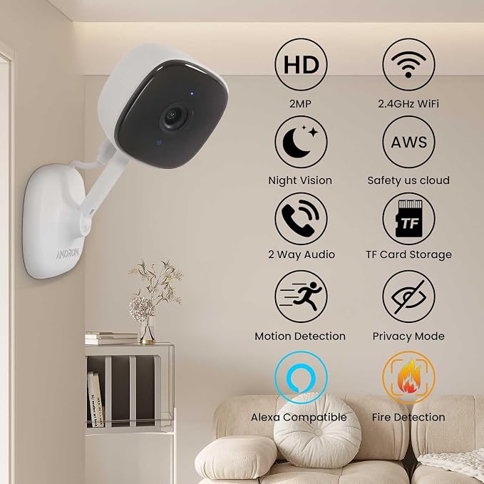 AMOROM Indoor Security Camera, Baby/Kids/Elderly/Dog/Cat Camera | AI Smart Detection & Alarm, 2-Way Audio, Night Vision, 2.4G WiFi App Control, Cloud & SD Card Storage, 1 Pack