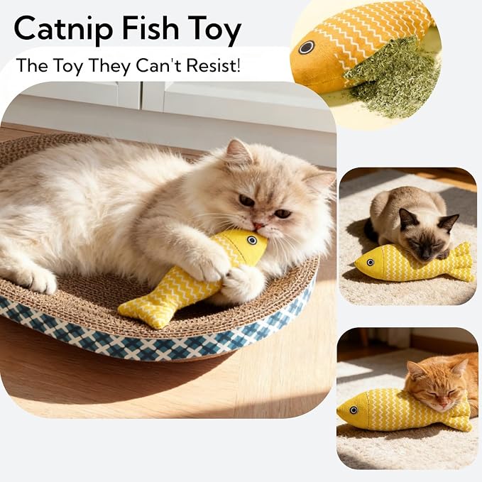 Cat Scratcher Bed with Toys, 2 Pack Oval Cat Scratcher Cardboard, Indoor Cat Scratch Bowl, Large Cat Scratching Board with Catnip Fish Toy & Feather Wand for Furniture Protector,Blue