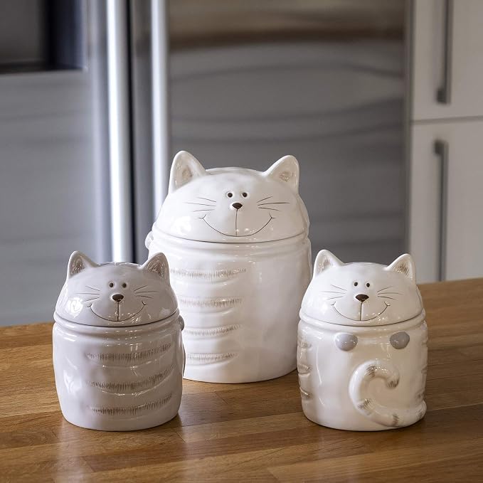 SPOTTED DOG GIFT COMPANY Ceramic Cookie Jar with Lid, Large Cat Treat Container for Cookies & Biscuits, Cute Novelty Kitchen Storage for Countertop, Gifts for Cat Lovers - 47oz White