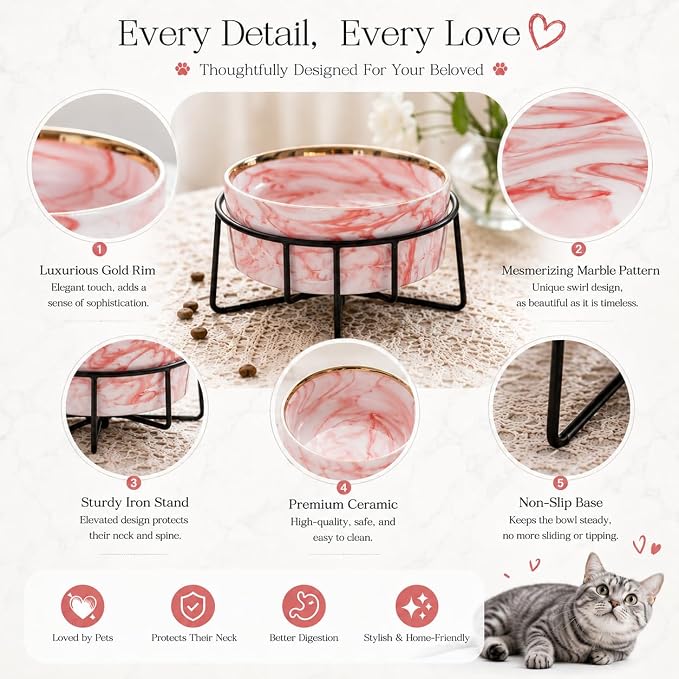 Dazzling Ceramic Elevated Cat Bowls,Raised Dog Cat Pet Food Water Bowl for Indoor(Pink, Large)