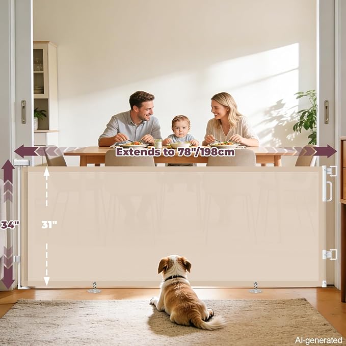78" Retractable Extra Wide Baby Gates for Stairs, Long Mesh Dog Gate | Indoor Outdoor Pet Gate for Large Openings, Ideal for Doorways Hallways Kitchens Decks & Porches, 34" Height, Beige