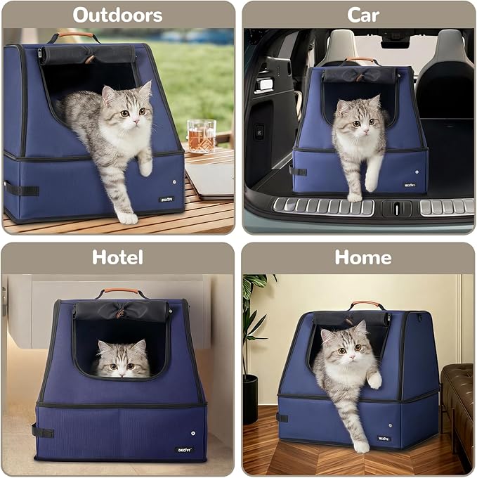Portable Cat Travel Litter Box with Lid,No Collapse with Hard Base Insert at Bottom, Leak-Proof & Foldable, Easy Clean Odor-Control Cat Travel Essentials for Car, Hotel, Airplane, Camping,Trips Navy