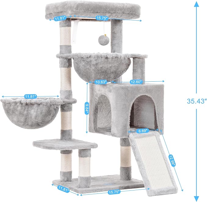 Hey-brother Cat Tree Tower with Large Bed, Hammocks, Scratcher, MPJ006SW | 35.4 Inches Cat House with Cozy Condo, Sisal Scratching Posts for Indoor Cats, Light Gray