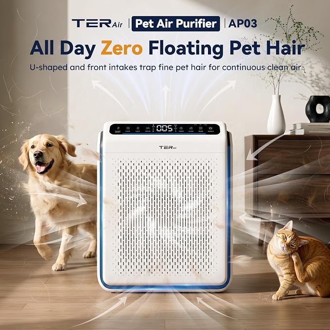 Pet Air Purifier for Home Large Room with H13 HEPA Washable Filter, AP03 | 86% Less Loose Pet Hair, Fits 2500 ft.sq, PM2.5 Air Quality Monitor, Air Cleaner for Dander Odor Allergies Smoke Dust, White