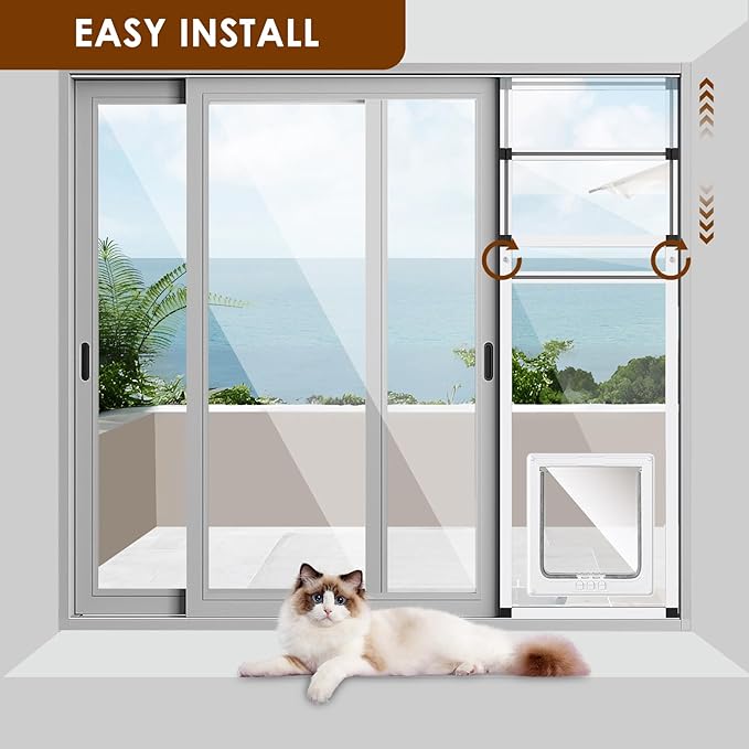 Vertical Cat Door for Window,31"-42" Adjustable Height,1-Min Install | 4 Locking Modes,Aluminum Frame,HD Glass,Magnetic Closure,Weatherproof Pet Door Window Insert for Cats