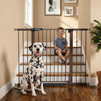 Mumeasy 29.7-48" Baby Gate for Stairs, Pressure Mounted Dog Gate for Doorways, Extra Wide Walk Thru Safety Pet Gate for Doors with Auto Close, Easy Install Child Gate for Hallway Indoor House, Brown