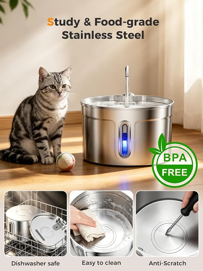 Stainless Steel Cat Water Fountain - 74oz/2.2L Ultra-Silent | 7 Filters Included, Visible Water Level, Dishwasher Safe, for Indoor Cats & Small Dogs