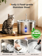 Stainless Steel Cat Water Fountain - 74oz/2.2L Ultra-Silent | 7 Filters Included, Visible Water Level, Dishwasher Safe, for Indoor Cats & Small Dogs