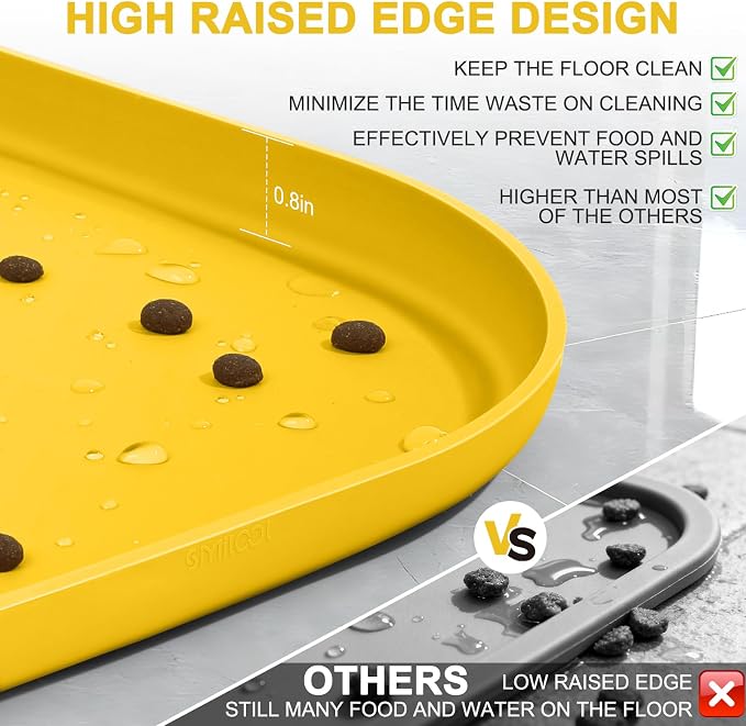 SMILOOL Silicone Pet Food Mat with Raised Edge for Food and Water Bowl, Dog Feeding Mats, Cat Food Trays for Floor Waterproof, Rubber Tray for Dogs and Cats, 24 x 16 x 0.8 Vivid Yellow