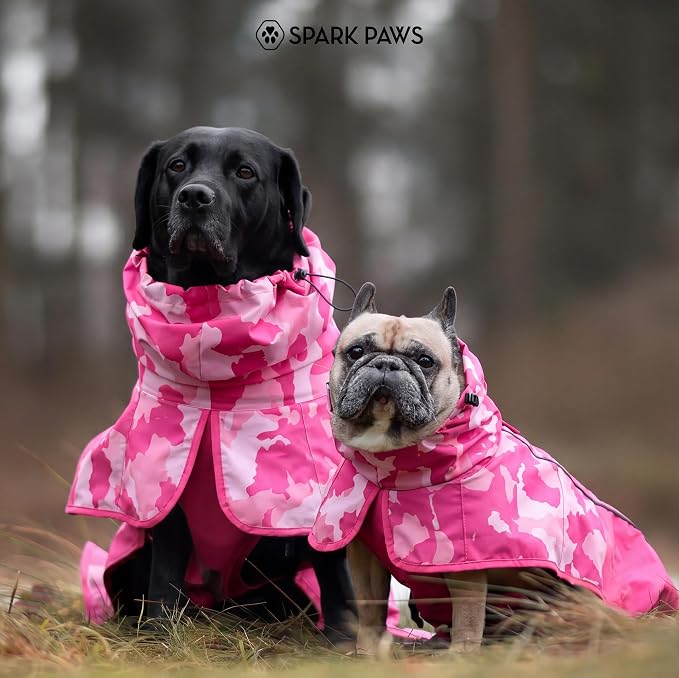 Spark Paws Dog Raincoat, Waterproof Windproof Rain Jacket, for Small Medium Large Extra Large Dogs, Reflective Breathable Full-Body Coverage Dry Suit - Camo Pink - L