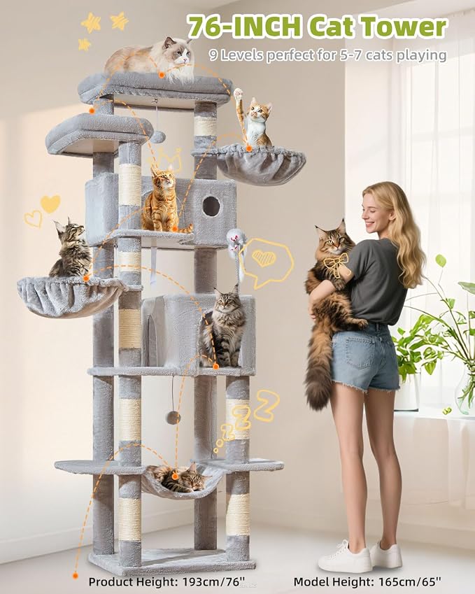 Taoqimiao 76in Cat Tree, Tall Sturdy Cat Tower for Large Indoor Cats MS046W | Easy assembly, Sturdy, Multi Level, Easy Clean, Cozy Condo, Perches, Baskets, Suitable for Kittens and Adult Cats