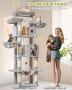 Taoqimiao 76in Cat Tree, Tall Sturdy Cat Tower for Large Indoor Cats MS046W | Easy assembly, Sturdy, Multi Level, Easy Clean, Cozy Condo, Perches, Baskets, Suitable for Kittens and Adult Cats