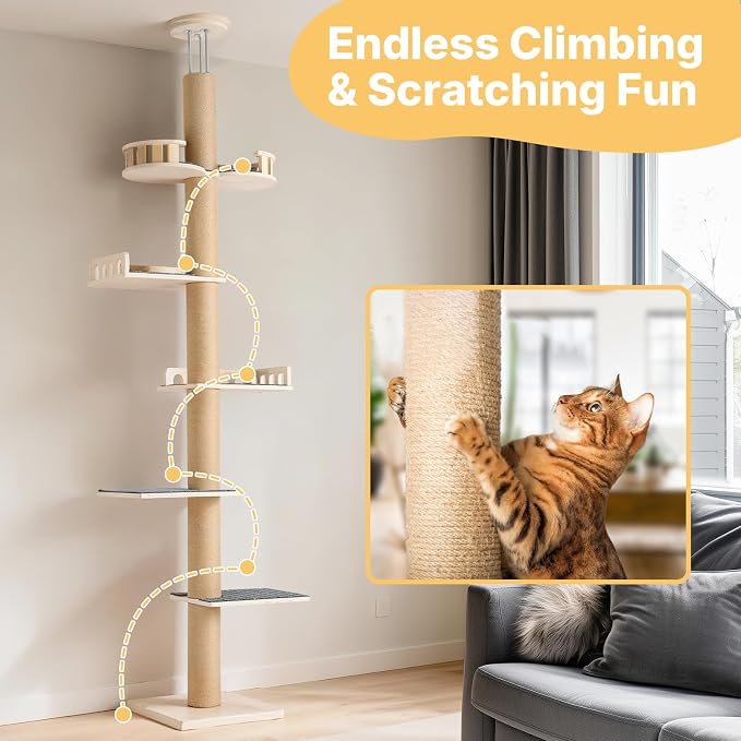 Veehoo Floor to Ceiling Cat Tree, 61-113" Adjustable Tall Tension Cat Tower | 4.5" Sturdy Thickened Scratching Posts, Space-Saving, 6 Tier Climbing Pole, No Drilling, Corner Tree for Indoor Cat, Wood