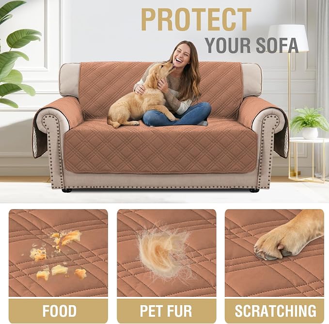 H.VERSAILTEX 100% Waterproof Sofa Covers for 2 Cushion Couch Modern Sofa Covers Waterproof and Washable Thick Soft Couch Cover for Dogs with Elastic Straps (Loveseat, Terracotta/Beige)