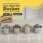 2 Quart Stainless Steel Flat Sided Bucket with Dual Hooks | 4 Pcs Durable Food & Water Bowl for Dog Cats Bird & Small Animals | Fits kennel Cage Crates Hanging Pet Pail | Multipurpose use