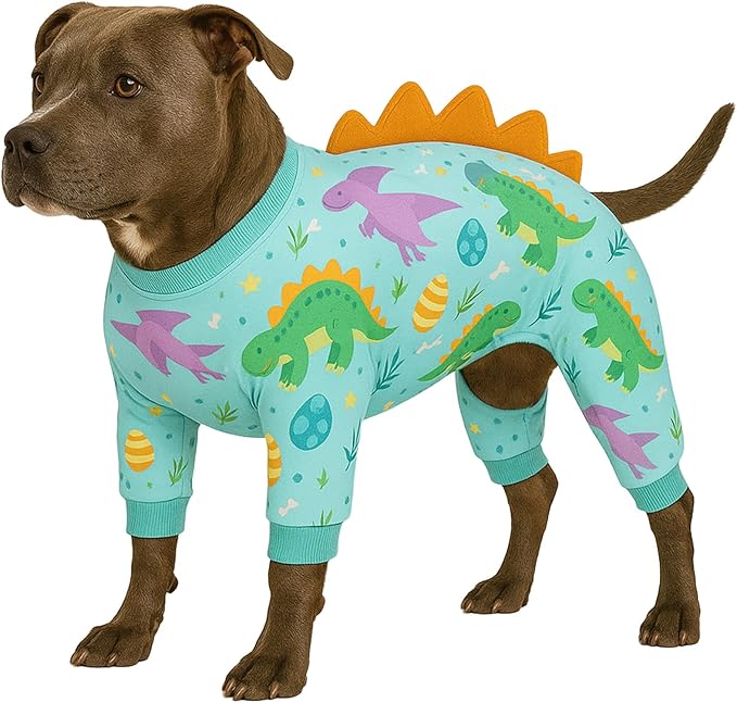 LovinPet Large Dog Pajamas, Four-Leg Stretch Onesie Bodysuit, Lightweight UV-Shielding Pajamas, Anti-Lick Calming Recovery Suit for Surgery, Pull-On for Medium and Large Breeds,Green Orange,XXL