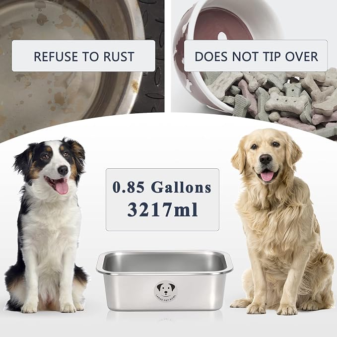 Stainless Steel Dog Bowls for Large Dogs, 0.85 Gallons High Capacity Metal Food Dog Bowls Extra Large Water Bowl for Dogs
