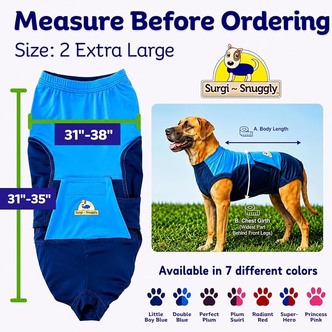 Surgi Snuggly Dog Surgery Recovery Suit - Dog Onesie for Post Surgery Recovery, Female Spay & Male Neuter - Surgical Suit for Dogs, E-Collar Cone Alternative, Double Blue - 2X-Large - 31" - 35" (EC)