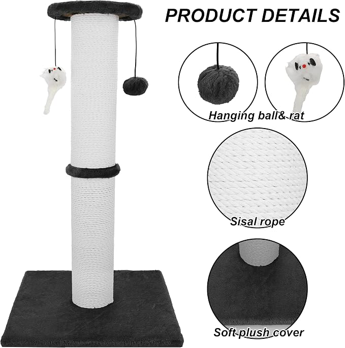 34-Inch Tall Cat Scratching Post for Large Cats, Stable Base, Black | Heavy-Duty Cat Scratcher, Extra-Tall Thick Post, Soft Natural Cotton Rope, Hanging Interactive Cat Toys, Indoor Cat Furniture