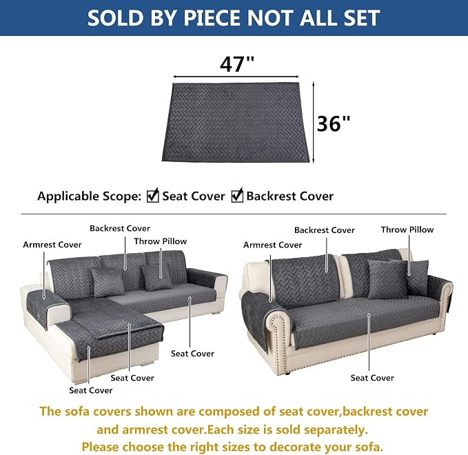 Eismodra Couch Cover,Sectional Couch Covers,Sofa Covers for 3 Cushion Couch,Anti-Slip Sofa Slipcovers for Dogs Cats Kids Loveseat Recliner L Shaped Armrest Backrest,Dark Gray 36''x47''(Only 1 Piece)