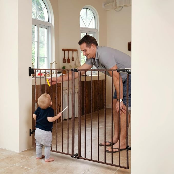 Babelio 34" Extra Tall No Bottom Bar Baby Gate, 26-43", Black Wood Pattern | Easy Install| One-handed Opening| Auto-close| Drill Needed Indoor Safety Dog/Pet Gate for Stairs, Hallways & Doorways