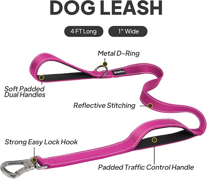 PetiFine 4FT Heavy Duty Dog Leash with Soft Padded Double Handle | Traffic Handle Extra Control,Auto Lock Hook,Reflective Nylon Walking Lead for Large,Medium,Small Breed Dogs
