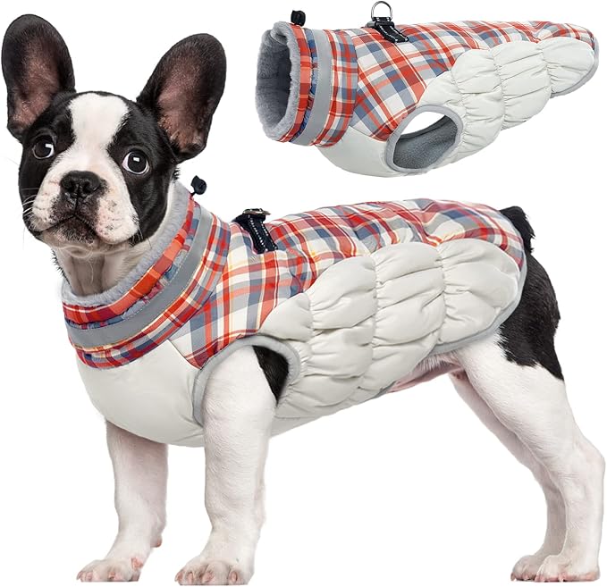 FUAMEY Dog Jacket for Small Dogs Warm Dog Jackets with Harness Built in | Dog Winter Jacket Cold Weather Snow Puppy Vest Water-Resistant Zip up Dog Fleece Jackets High Visibility Red Plaid XS