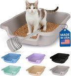 KittyGohere Senior Cat Litter Box Small with Scoop, Misty Gray | Open Top Low Entrance Kitty Litter Box With With Long-handle Jumbo Scoop, Lightweight & Durable Litters Box, Made in USA