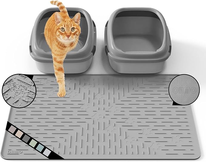 Large Cat Litter Mat, 31.5x23.6 Silicone Trapping Mat Grey | for Kitty Litter Box, Easy Clean, BPA Free Rubber, Center Litter Collection, Easy Pour-Back, Waterproof, Odor-Resistant