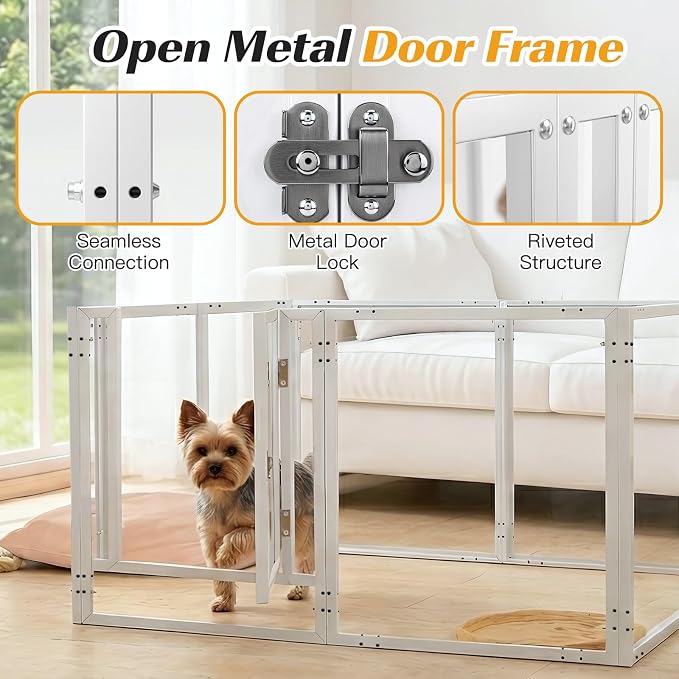 Clear Acrylic Dog Playpen with Door,Puppy Fence Indoors H:24" 8-Panel can be DIY Expanded + Splicing Height Design for Puppies/Small Dogs,White Dog Enclosure (Metal + Acrylic Material)