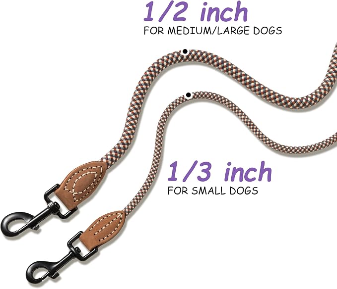 Mile High Life Thin Small Dog Leash with Genuine Leather Connection | Rope Leash, Heavy Duty 360° Swivel Metal Clasp, for Small Medium & Large Dogs (Brown, 72 Inch)