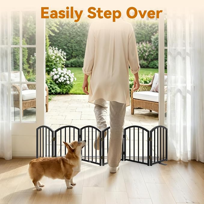 SNUOWU 16 Inch Full Metal Freestanding Short Dog Gate for Small Dogs, Foldable 6-Panel Pet Barrier, Expands Up to 72" Wide, Indoor Safety Fence for Doorway, Home & Stairs, Black