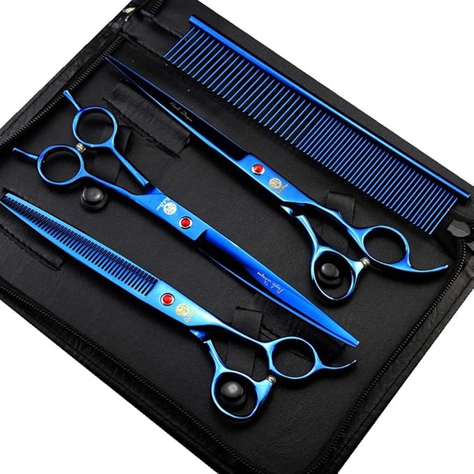Purple Dragon 8 inch Dog Grooming Scissors Set with Anti-Shock Bag - Blue | Japanese 440C Steel Pet Grooming Shears, Comfortable Grip, Includes Curved, Straight & Thinning Scissors with Silencer