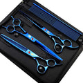 Purple Dragon 8 inch Dog Grooming Scissors Set with Anti-Shock Bag - Blue | Japanese 440C Steel Pet Grooming Shears, Comfortable Grip, Includes Curved, Straight & Thinning Scissors with Silencer