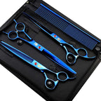 Purple Dragon 8 inch Dog Grooming Scissors Set with Anti-Shock Bag - Blue | Japanese 440C Steel Pet Grooming Shears, Comfortable Grip, Includes Curved, Straight & Thinning Scissors with Silencer
