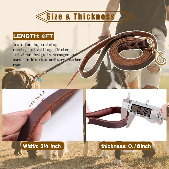 Leather Dog Leash 4ft x 3/4 inch,Strong Heavy Duty Genuine Leather Braided Dog Training Leash, Soft and Comfortable for Large Dogs, Medium Small Dogs (Brown, 4FT*3/4in)