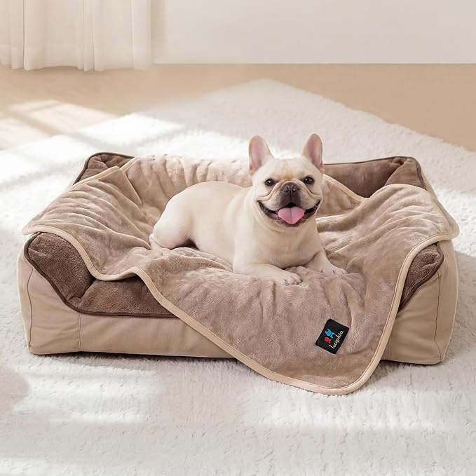 Luciphia Waterproof Pet Blanket, Washable Reversible Sherpa Fleece Throw | Liquid-proof furniture protector for bed and couch, soft reversible sherpa fleece for dogs, cats khaki, XS